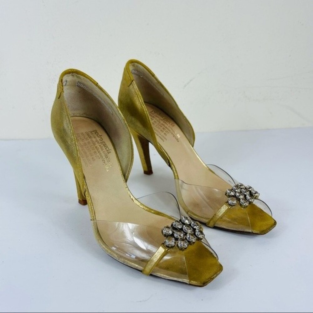 PEDRO GARCIA Retro Gold Metallic Jewel Glitter Peep Toe D'Orsay Heels Shoes 7.5 - Picture 9 of 16